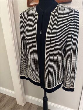 St. John Black and  Cream Striped Knit Zip Cardigan